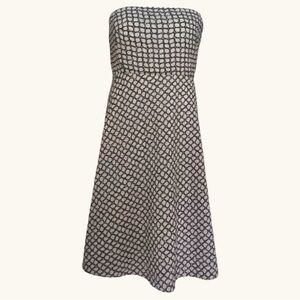 J.Crew Strapless Fit & Flare Midi Dress Black Ivory Print |Classic Preppy | Sz 6